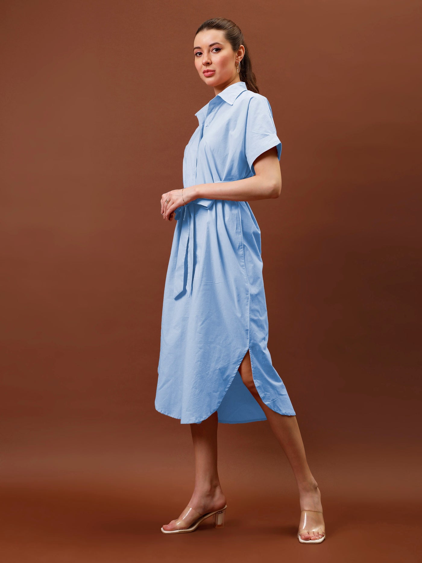 Athena Immutable Shirt Collar Curved Hem Midi Dress