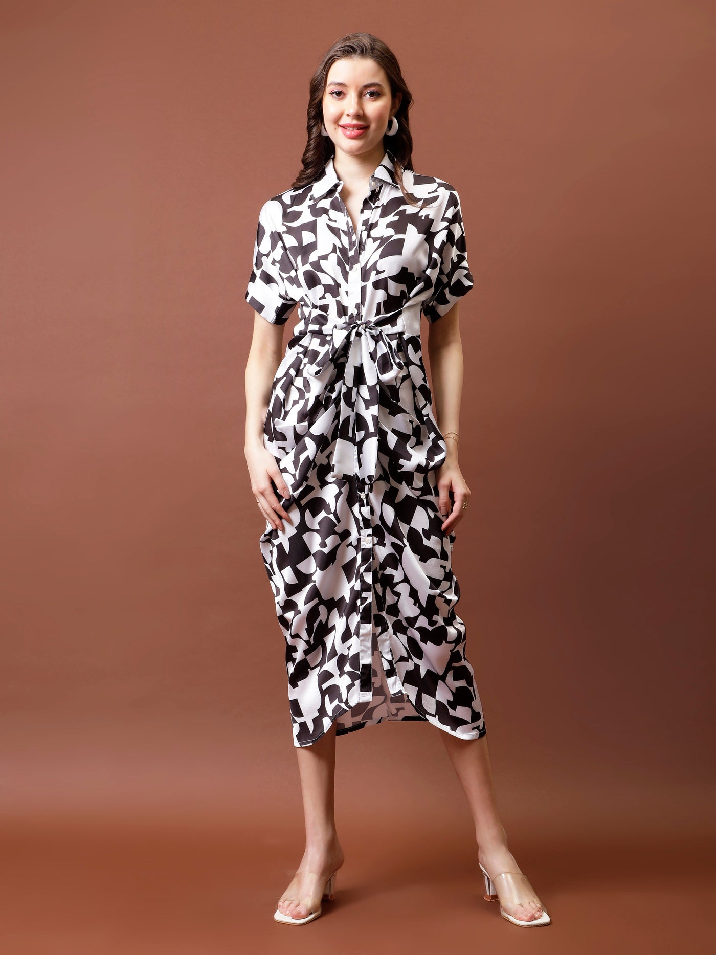 Athena Floral Printed Shirt Collar Satin Shirt Midi Dress