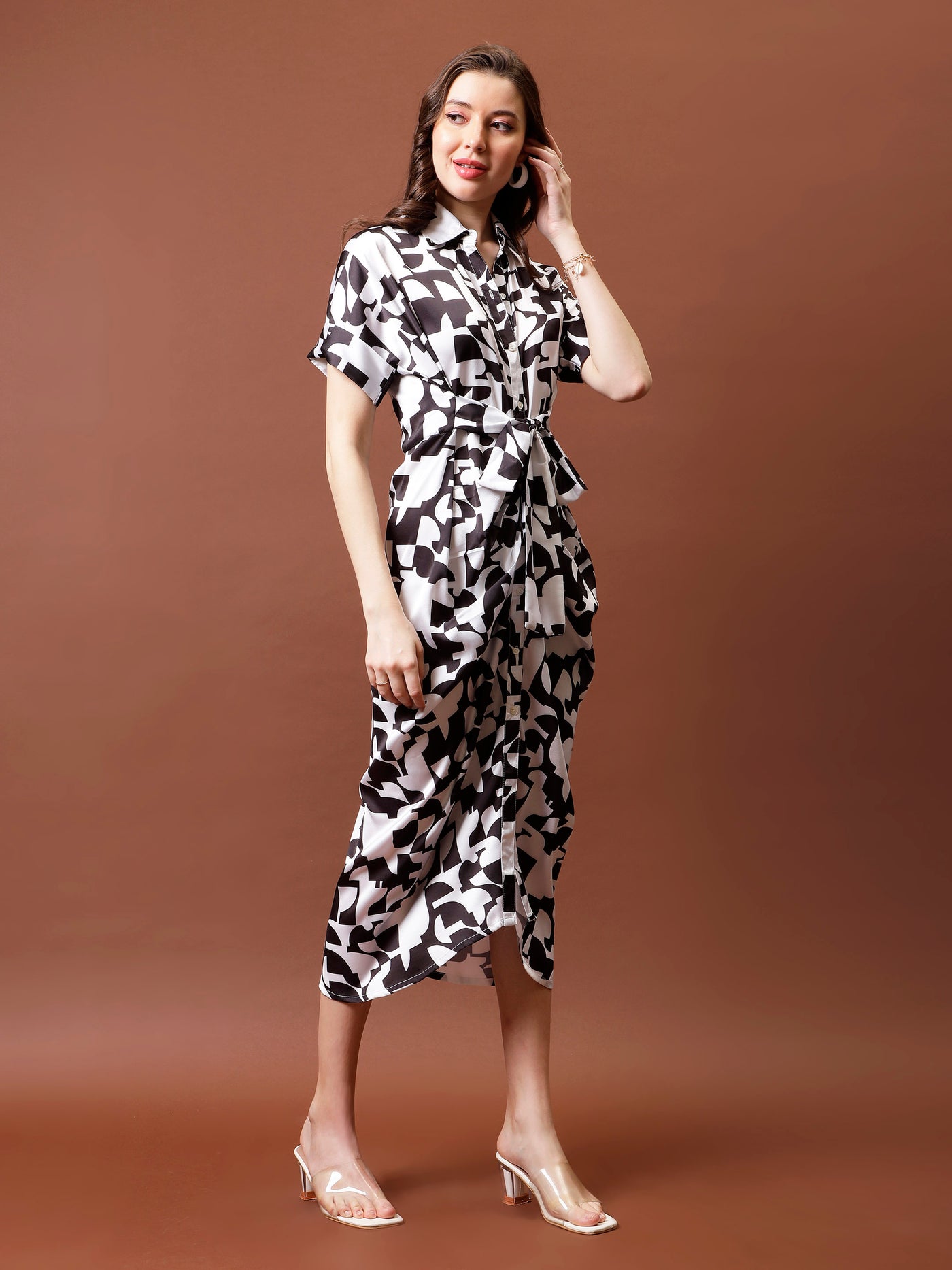 Athena Floral Printed Shirt Collar Satin Shirt Midi Dress