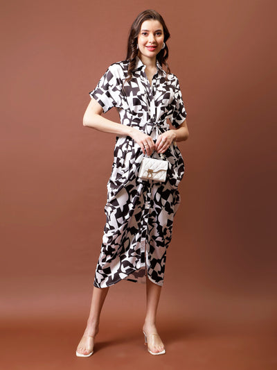 Athena Floral Printed Shirt Collar Satin Shirt Midi Dress