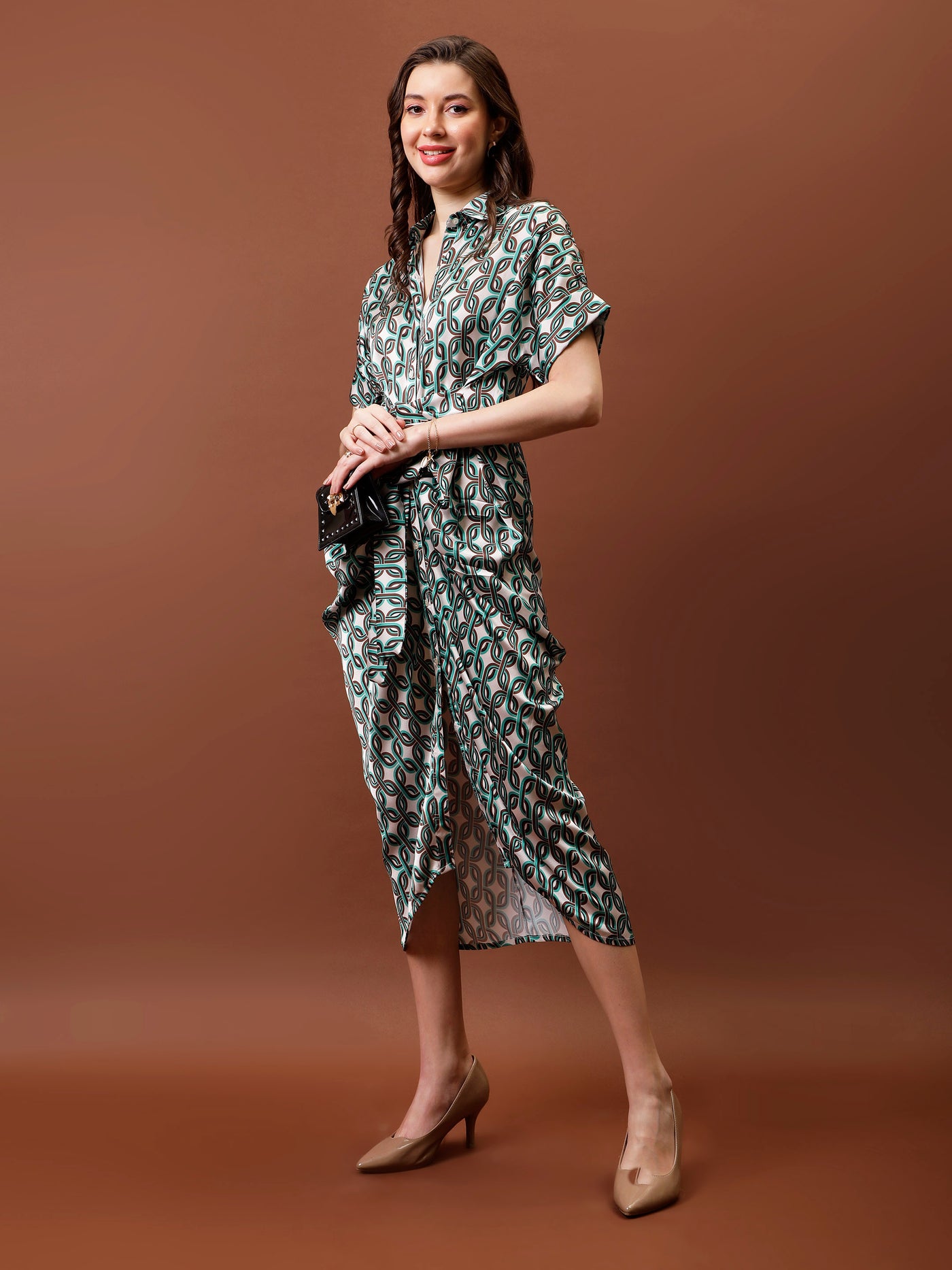 Athena Print Geathered Hem Satin Midi Shirt Dress