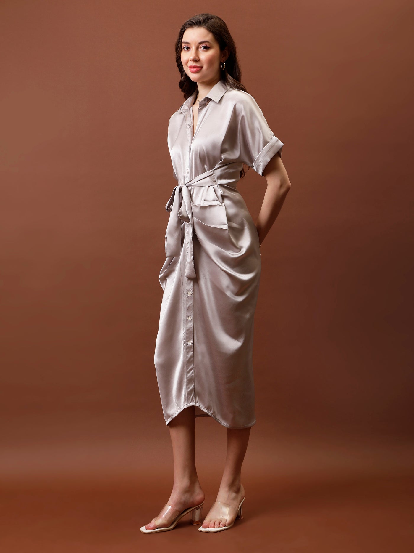 Athena Satin Shirt Collar Roll-Up Sleeves Shirt Midi Dress