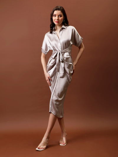 Athena Satin Shirt Collar Roll-Up Sleeves Shirt Midi Dress