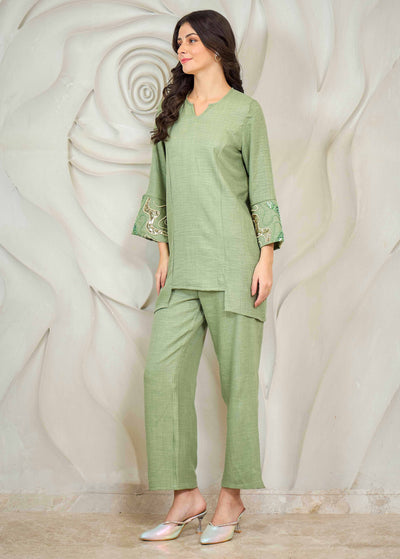 Athena Embroidered V-Neck Beads and Stones Linen Straight Kurta With Trousers