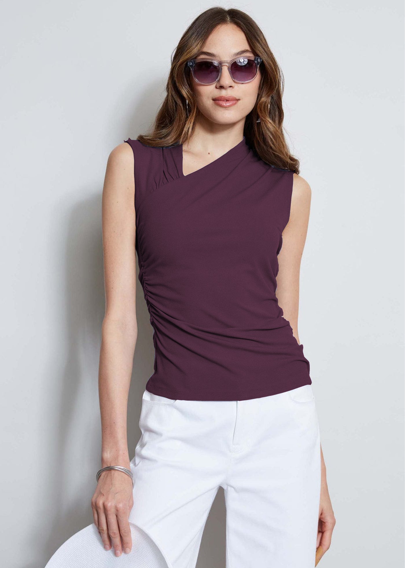 Athena Immutable Women Solid Ruched V-Neck Top