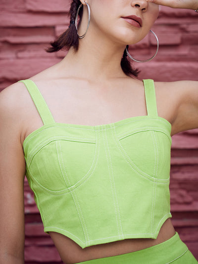 Athena Green Shoulder Straps Cotton Canvas Fitted Crop Top