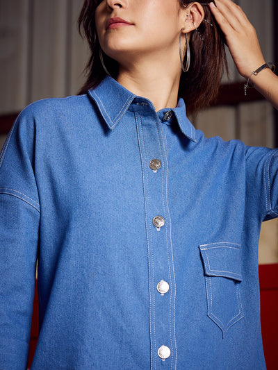 Athena Blue Shirt Collar Pure Cotton Shirt Dress