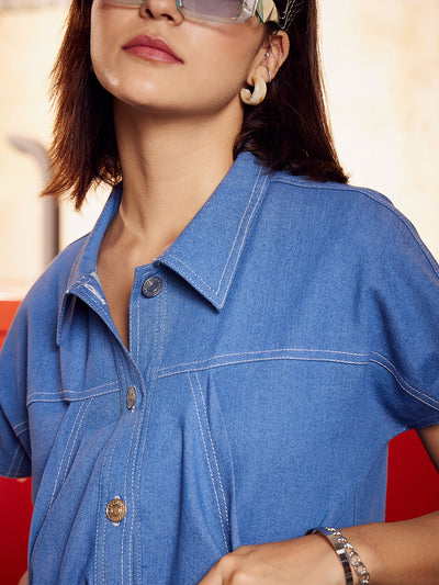Athena Blue Spread Collar Short Sleeve Denim Jacket