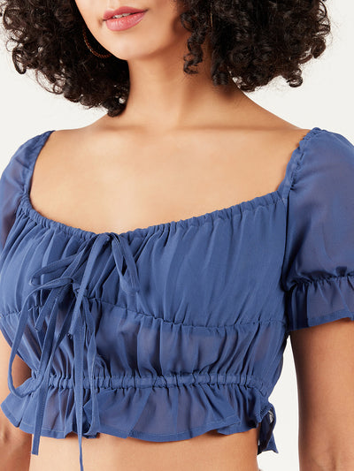 Athena Sweetheart Neck Puff Sleeve Gathered Cinched Waist Crop Top