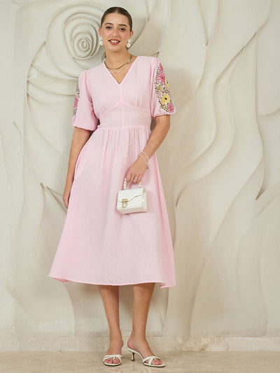 Boho By Athena Embroidered Puff Sleeves Cotton Fit & Flare Midi Dress