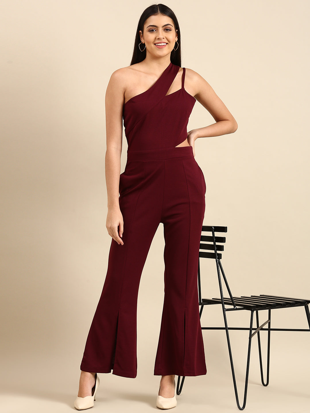 Athena one shoulder Burgundy jumpsuit with waist cut out
