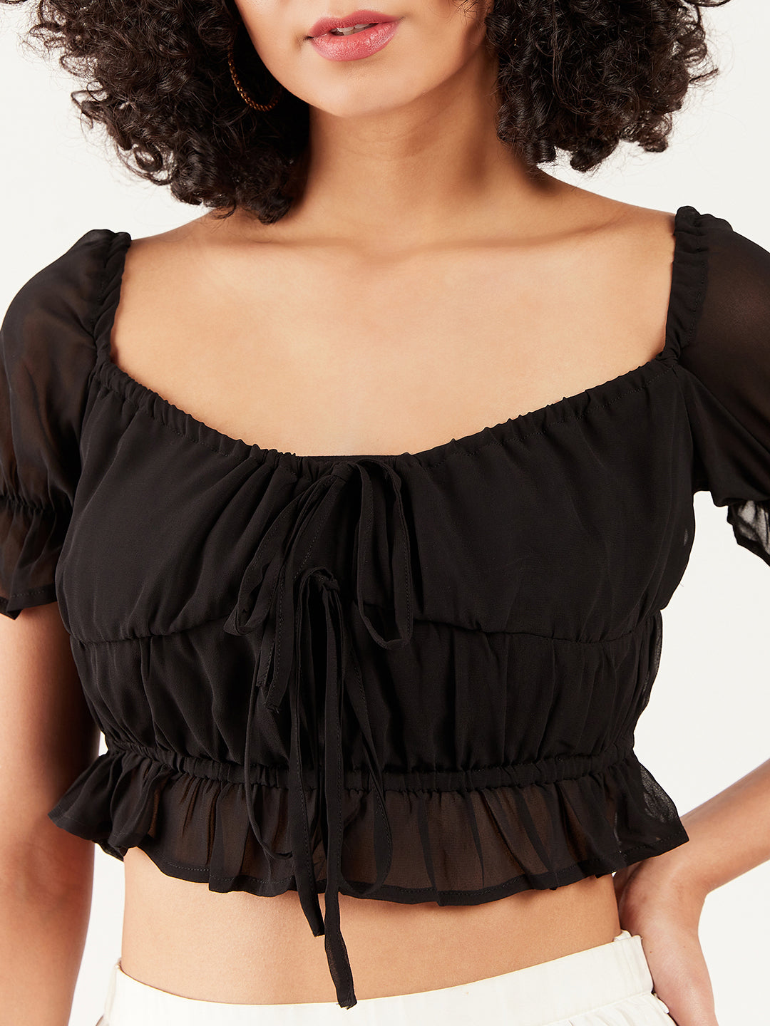 Athena Puff Sleeves Gathered Detailed Cinched Waist Crop Top