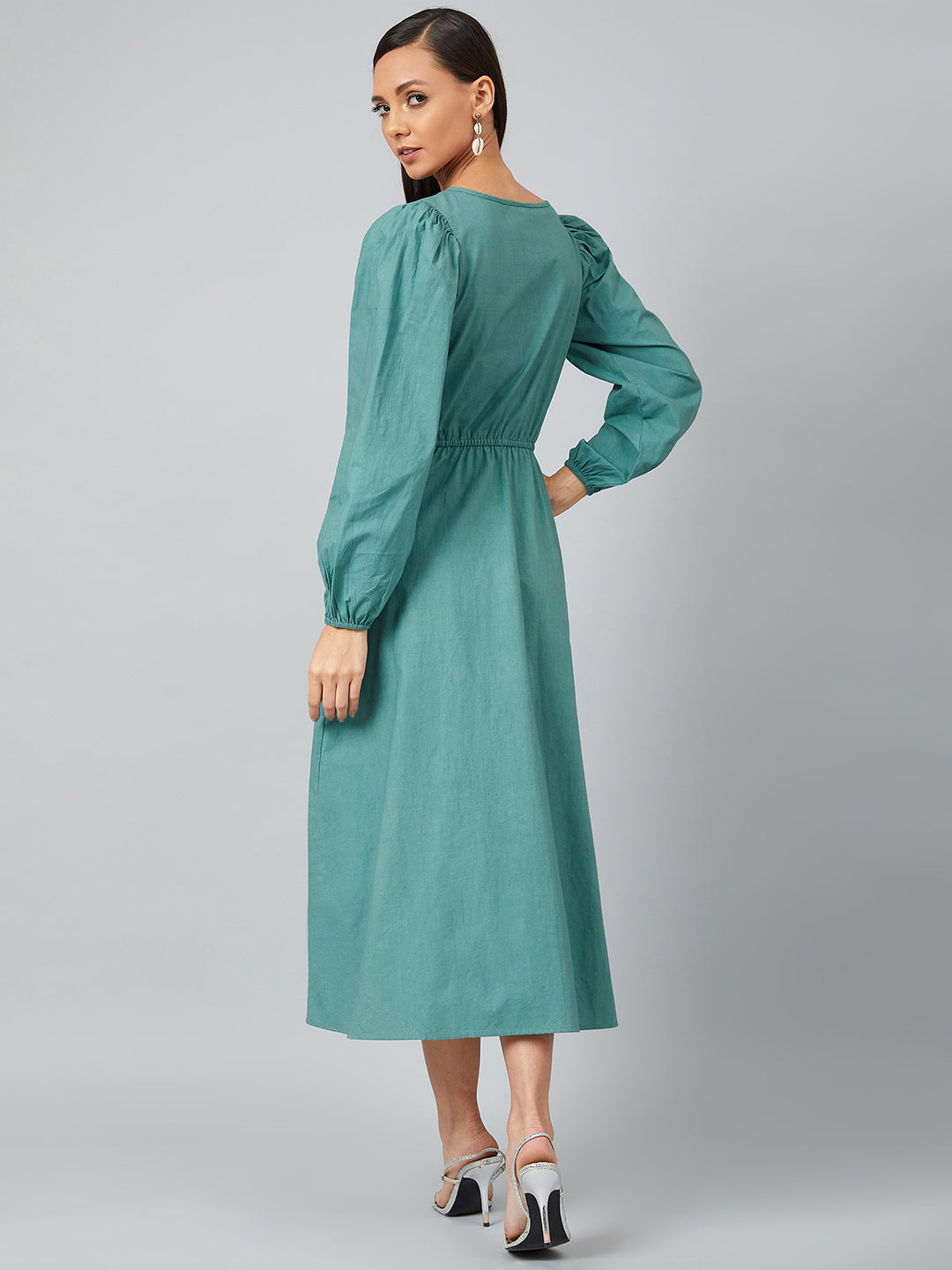 Athena Women Teal Green Solid Smocked A-Line Dress