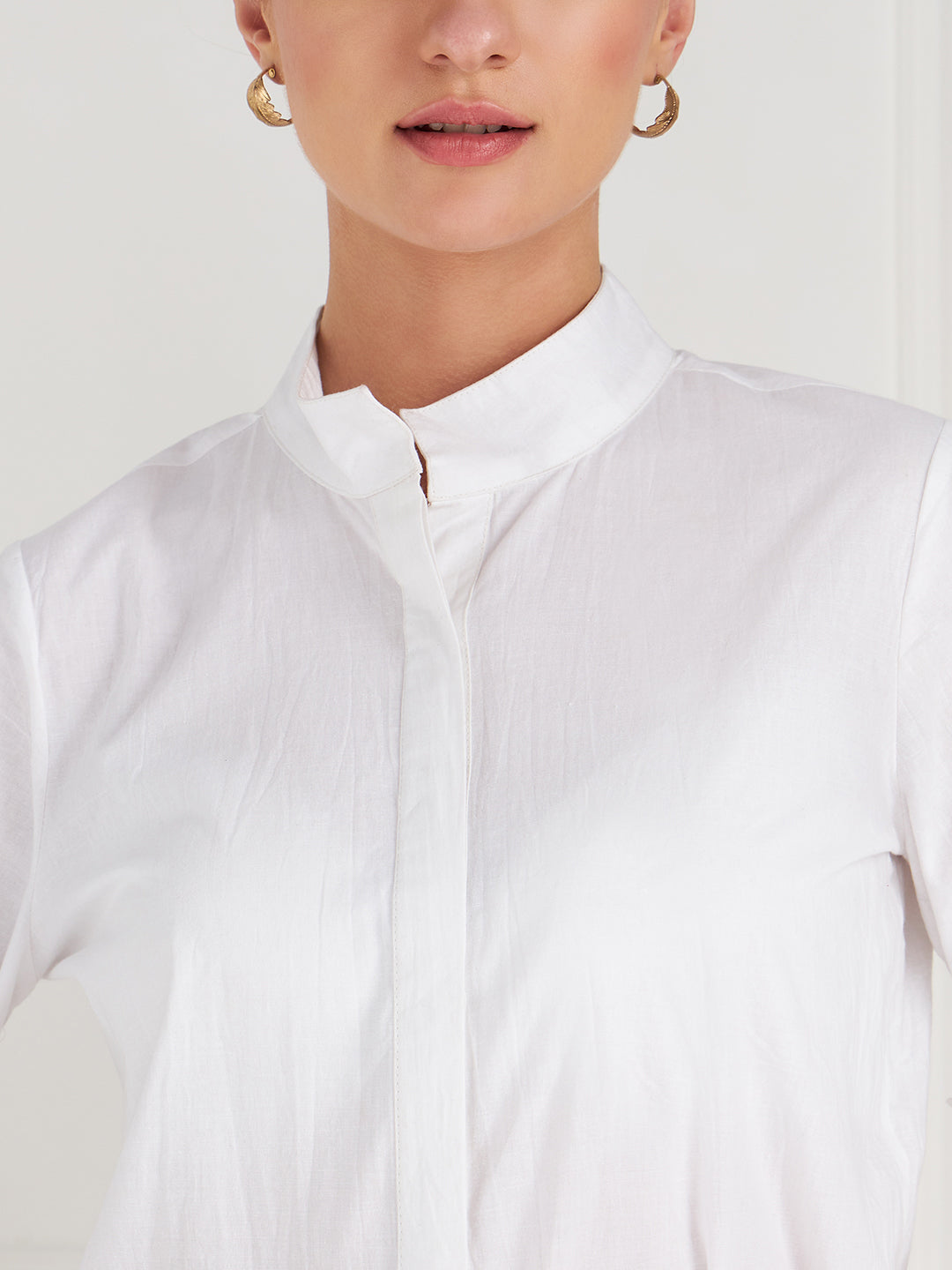 Athena White Mandarin Collar Puff Sleeves Ruffled Cotton Shirt Style Top - Athena Lifestyle