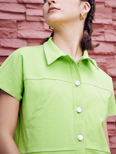 Athena Green Spread Collar Cotton Crop Denim Jacket