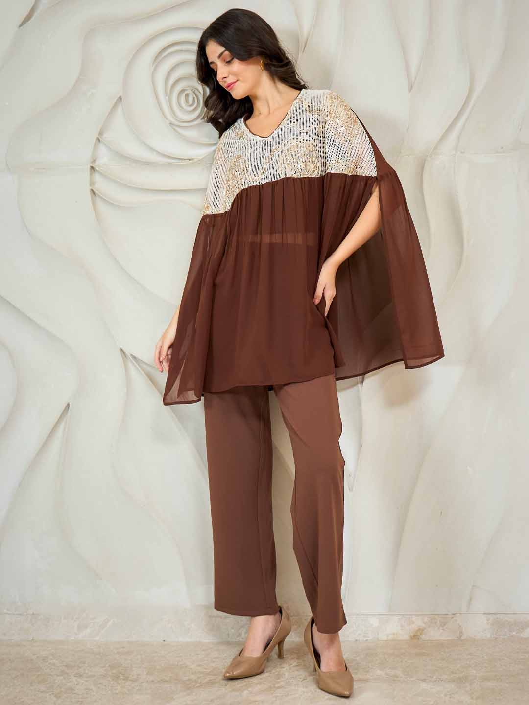 Shally Bhasin by Athena Embroidered Batwing Top With Trousers Co-Ords