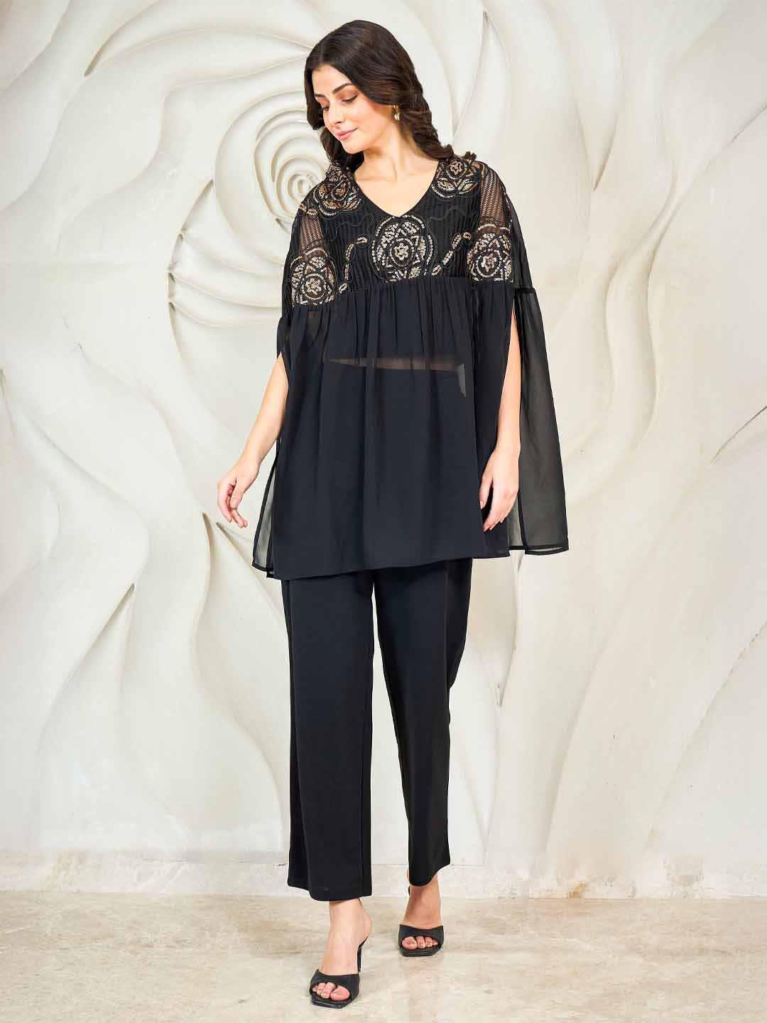 Shally Bhasin by Athena Embroidered Batwing Top With Trousers Co-Ords