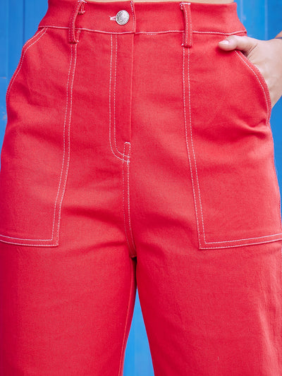 Athena Red Pure Cotton Denim Top With Trousers