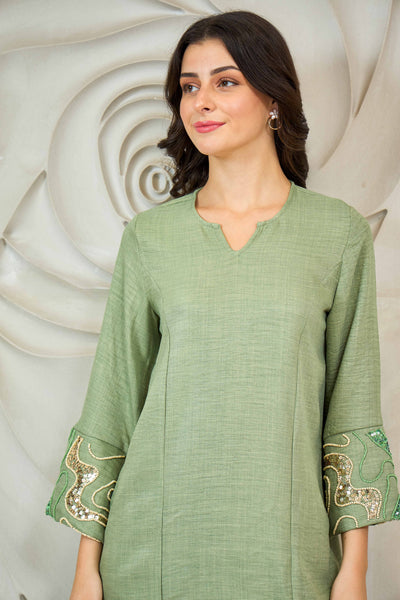 Athena Embroidered V-Neck Beads and Stones Linen Straight Kurta With Trousers