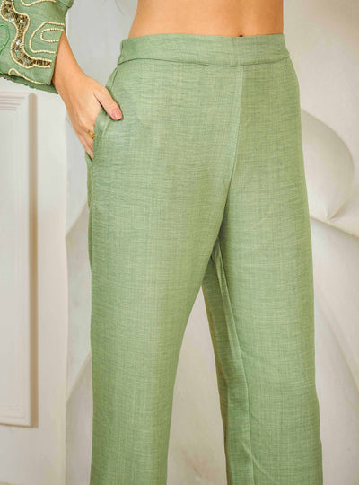 Athena Embroidered V-Neck Beads and Stones Linen Straight Kurta With Trousers