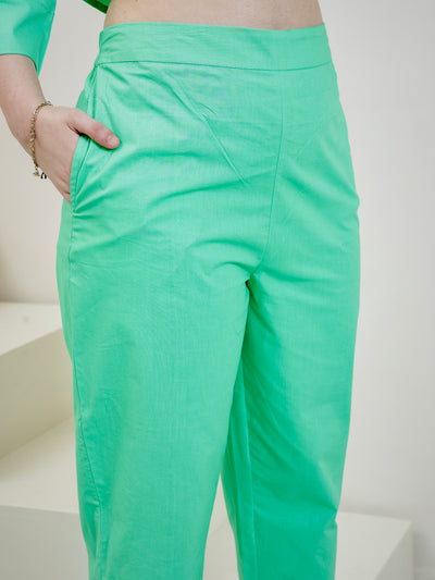 Women Solid Cotton Kurta with Trousers