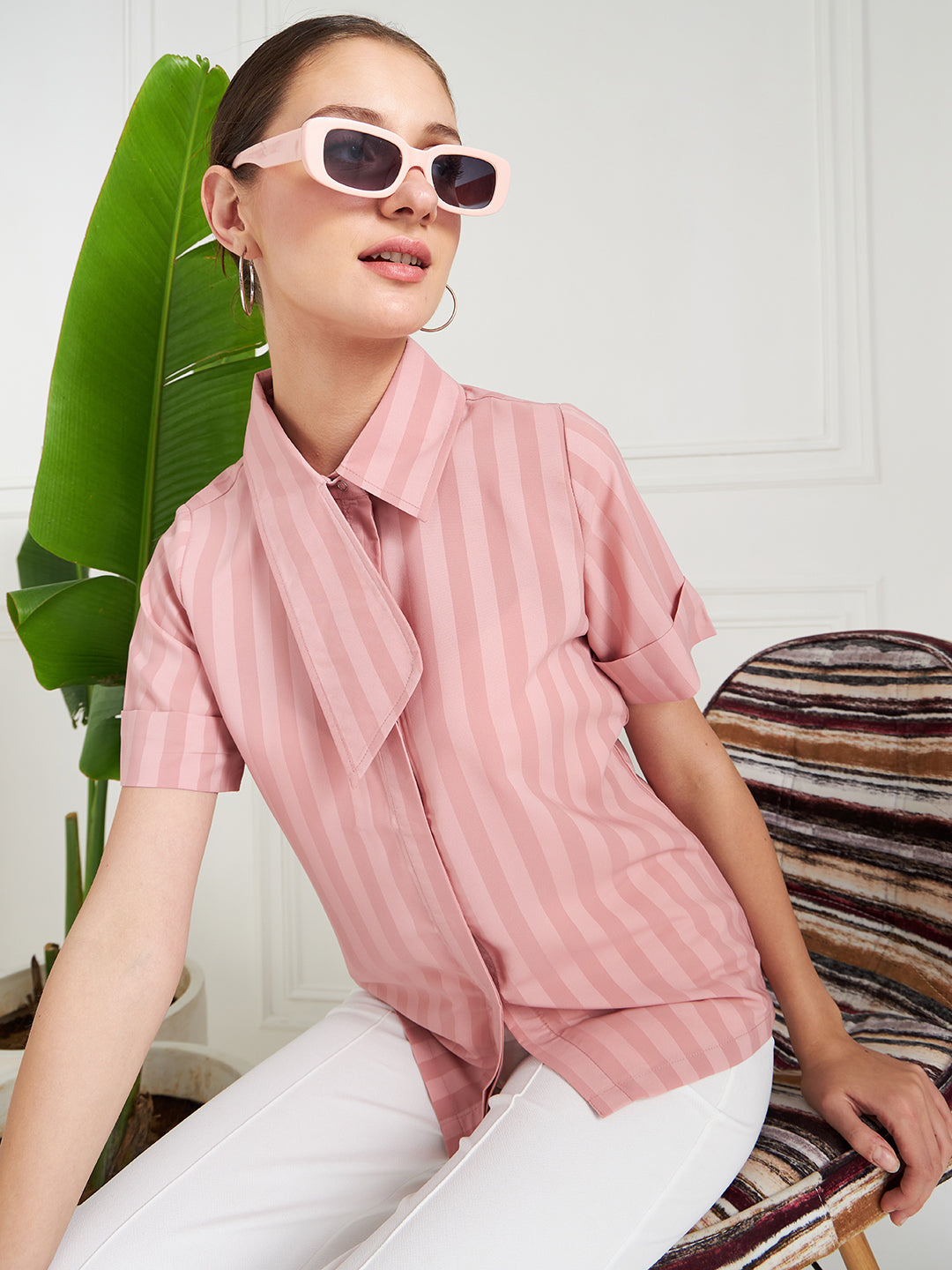 Athena Pink Vertical Striped Shirt Style Top - Athena Lifestyle