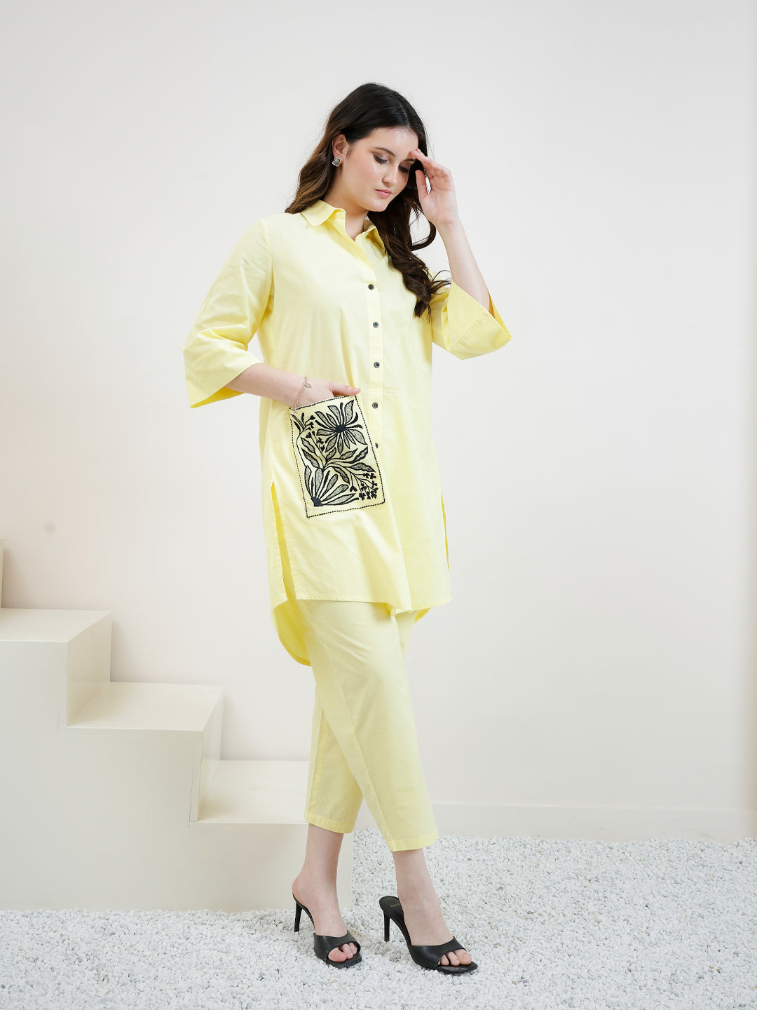 Florak Embroidered Shirt Collar Patchwork Pure Cotton Kurta With Trousers