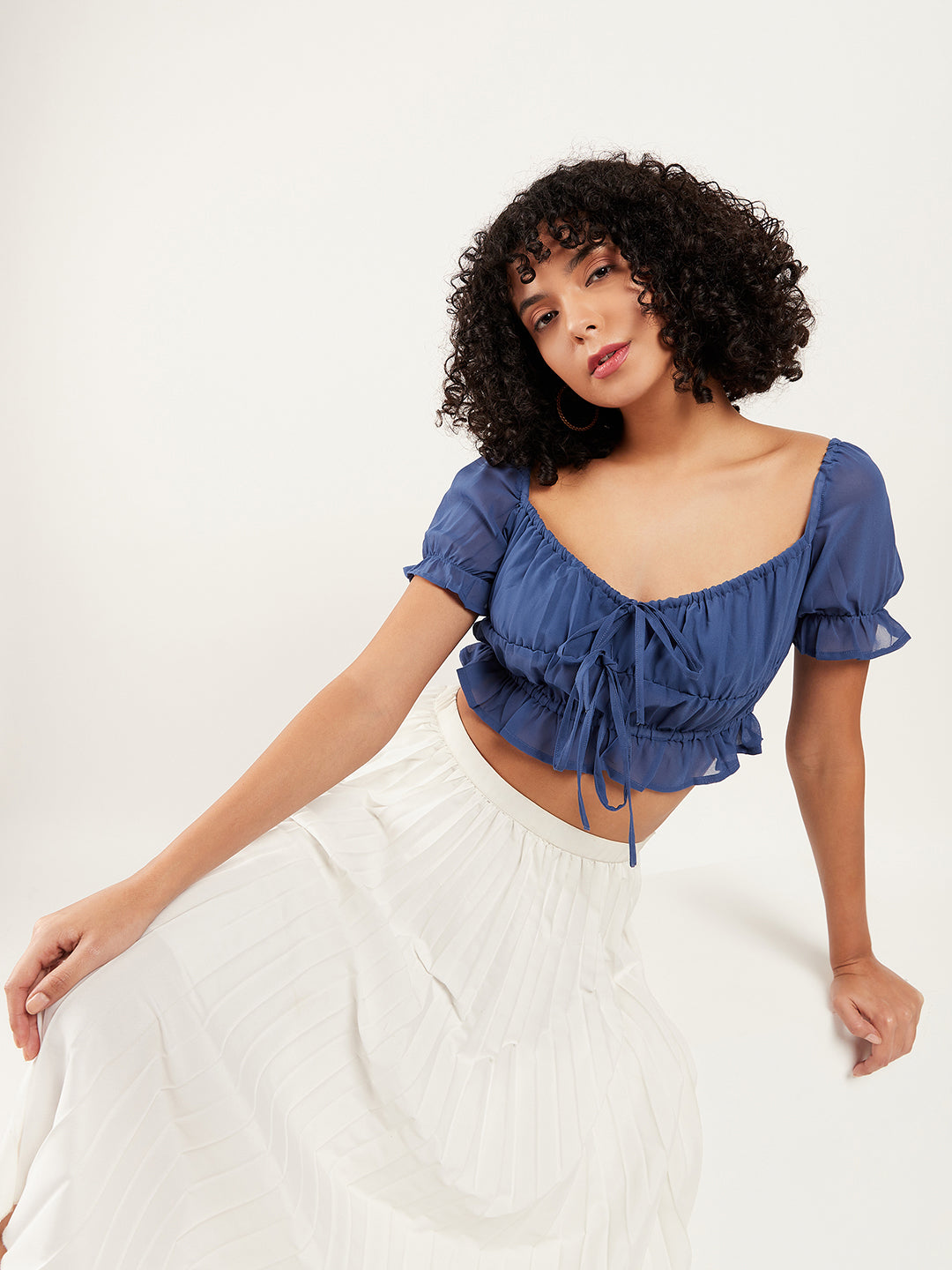 Athena Sweetheart Neck Puff Sleeve Gathered Cinched Waist Crop Top