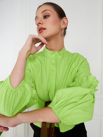 Athena Lime Green Shirt Collar Cuffed Sleeves Ruffled Cotton Shirt Style Top - Athena Lifestyle