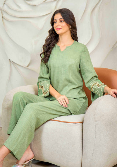 Athena Embroidered V-Neck Beads and Stones Linen Straight Kurta With Trousers