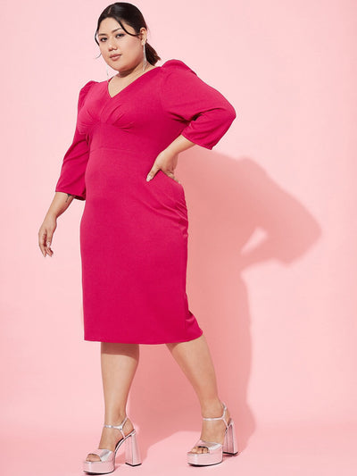 Athena Ample Plus Size V-Neck Puff Sleeves Scuba Sheath Dress