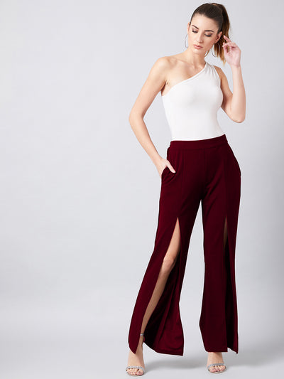 Athena Women Red Smart Flared Parallel Trousers