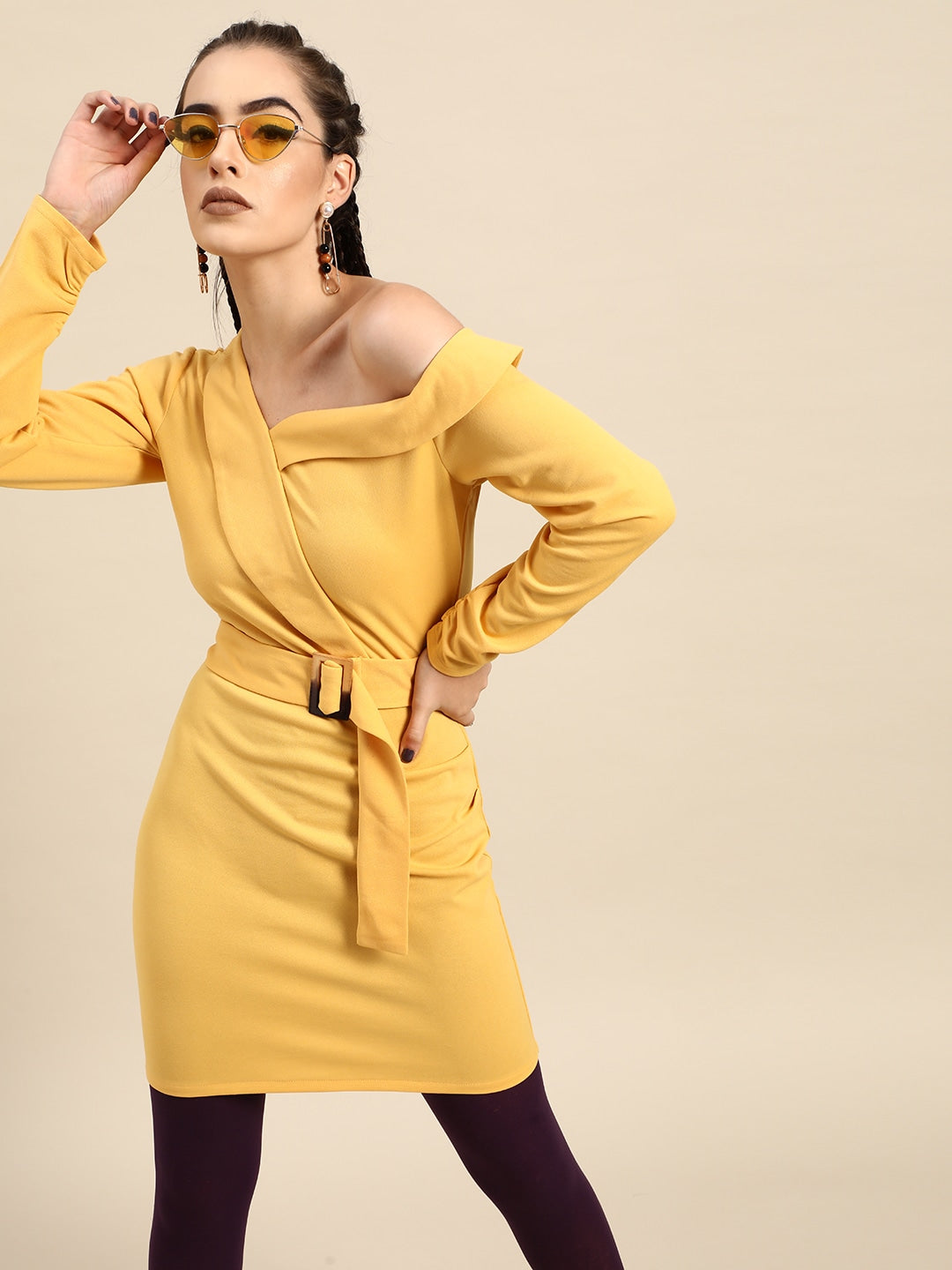 Athena Yellow Solid Street Style Blazer Dress with Belt