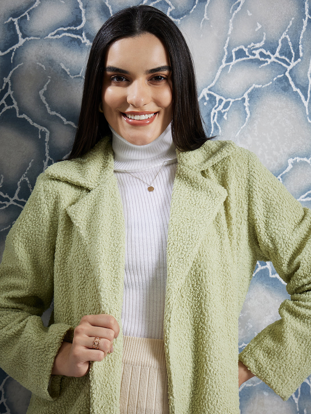 Athena Green Front Open Textured Over Coat