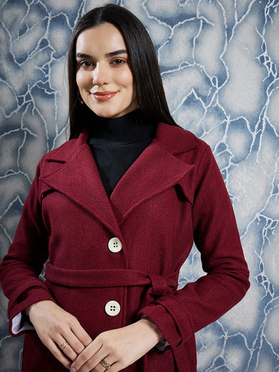Athena Maroon Notched Lapel Collar Woollen Single Breasted Trench Coat