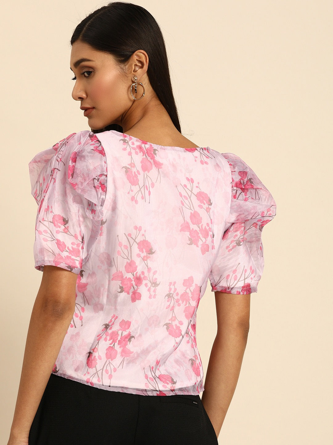 Athena Alluring Pink Floral Printed Power Shoulders Top