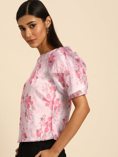 Athena Alluring Pink Floral Printed Power Shoulders Top