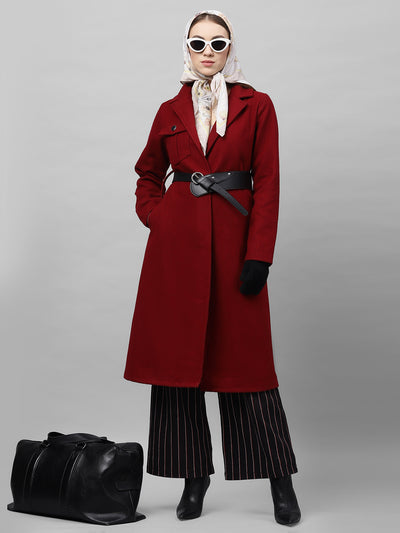 Athena Women Burgundy Solid Longline Overcoat