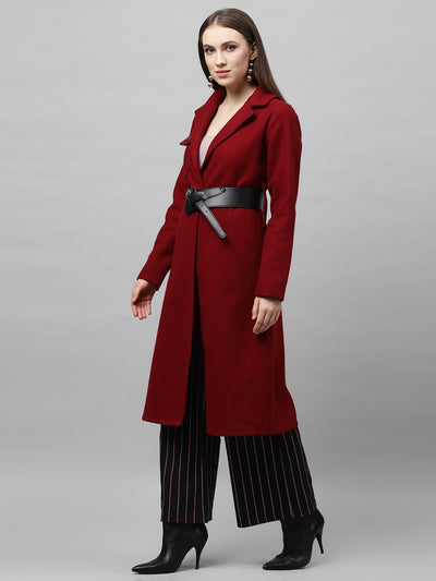 Athena Women Burgundy Solid Longline Overcoat