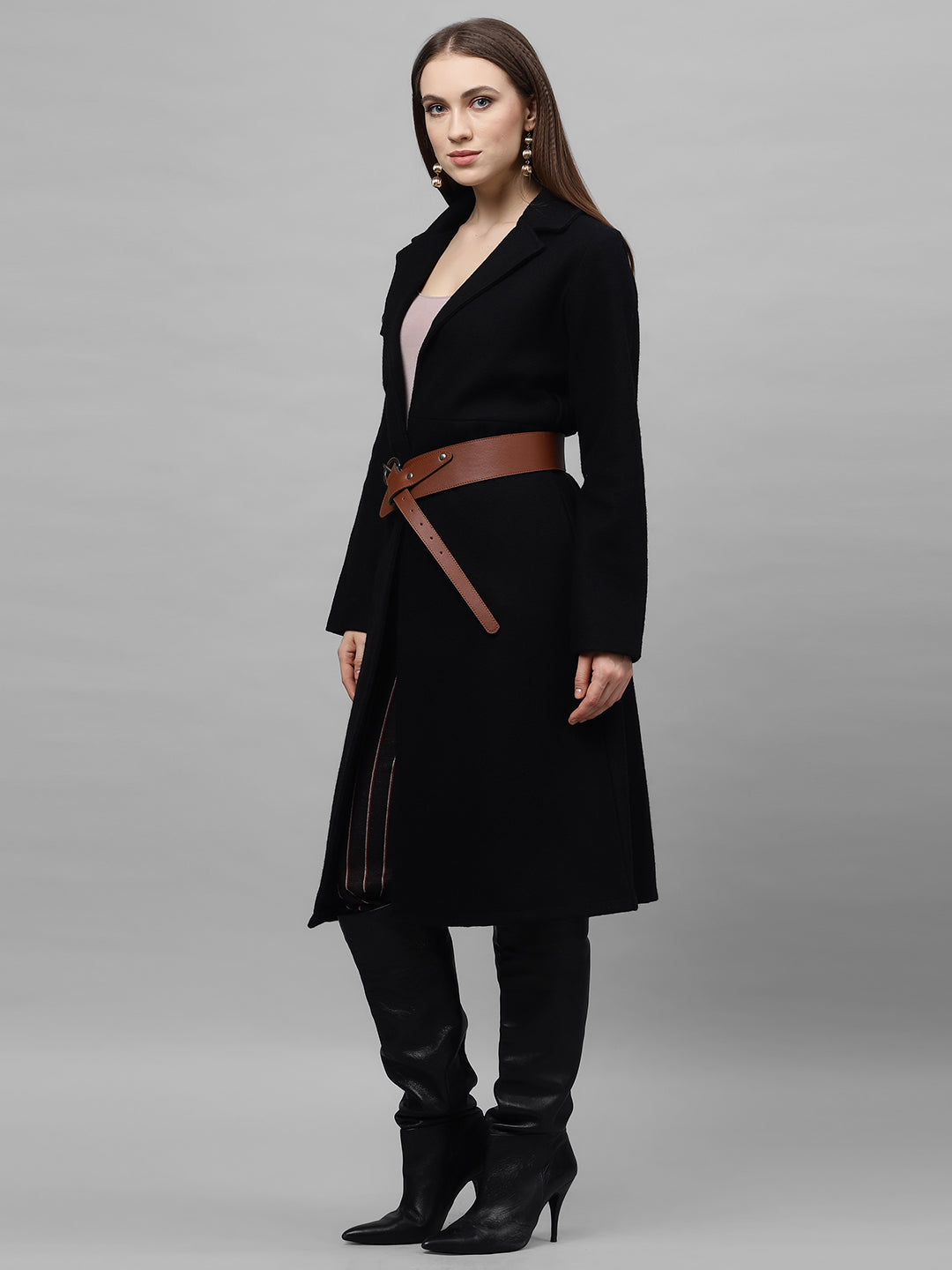 Athena Women Black Solid Woollen Knee-Length Wrap Coat