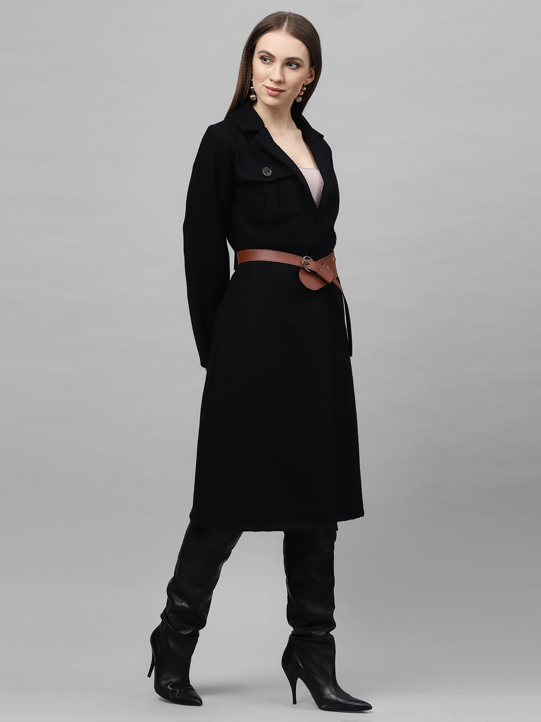 Athena Women Black Solid Woollen Knee-Length Wrap Coat
