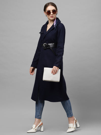 Athena Women Navy Blue Solid Woolen Longline Overcoat