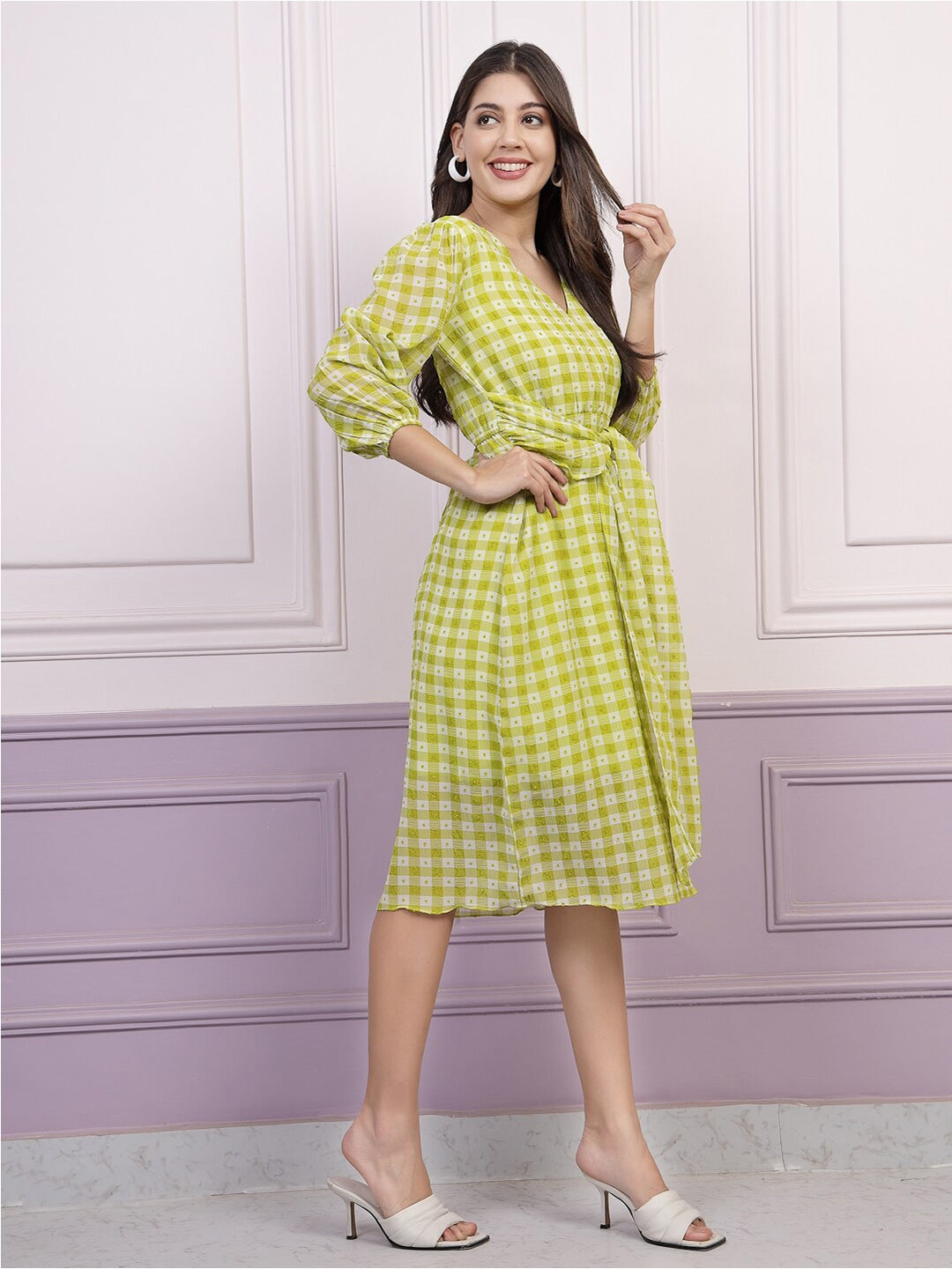 Athena Checked Georgette A-Line Tie Up Dress