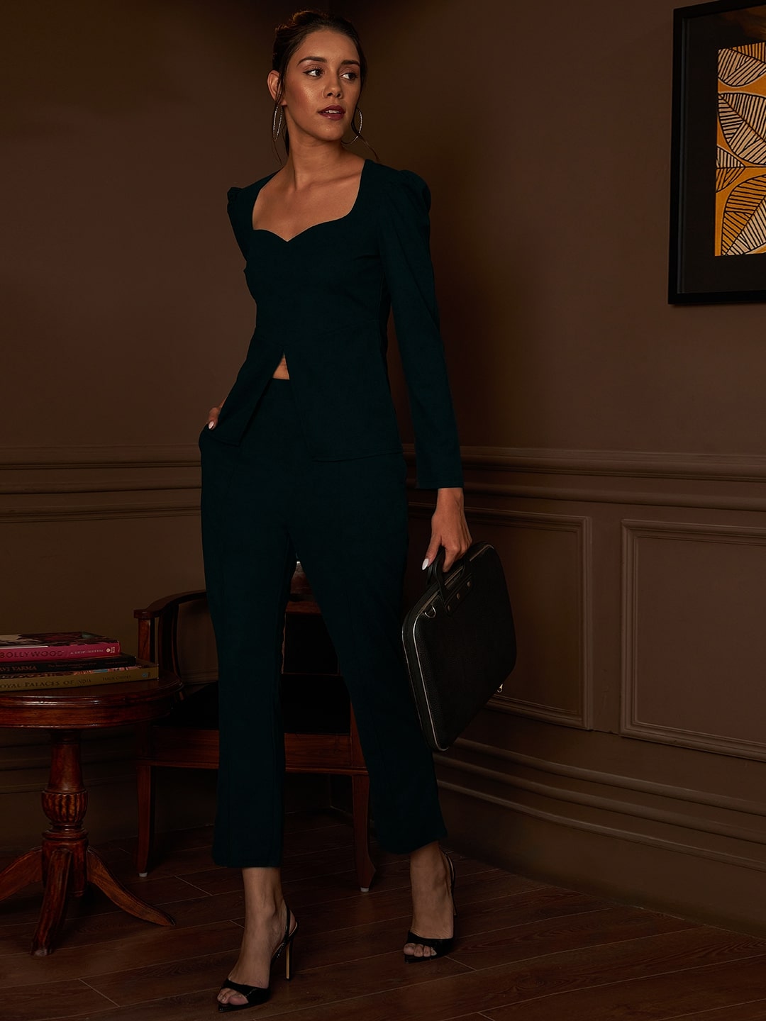 Athena Green Sweetheart Neck Long Sleeve Top With Trousers