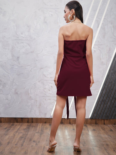 Athena Maroon Strapless Corsage Detailed Sheath Dress