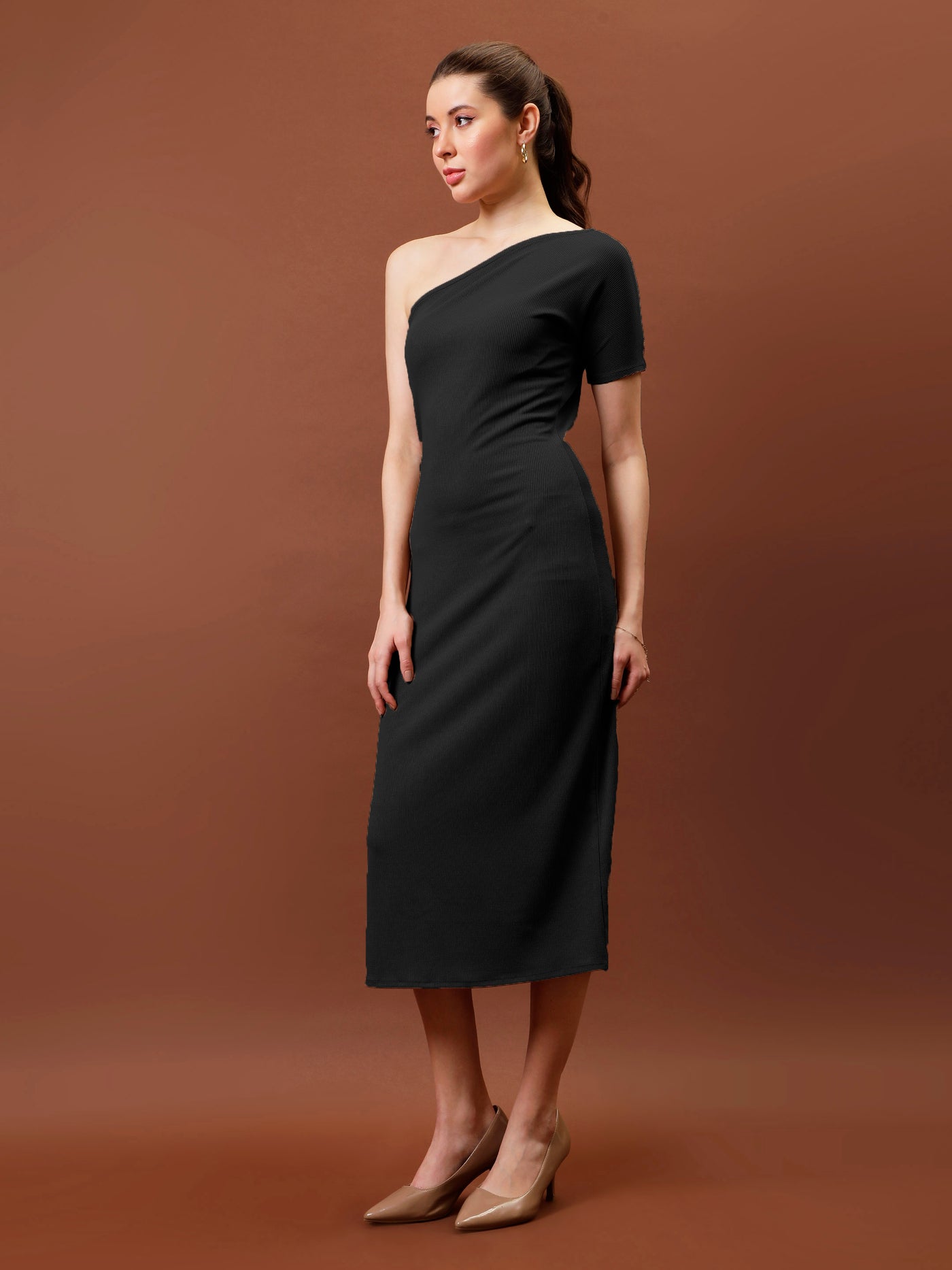 Athena One shoulder Rib Sheath Midi dress