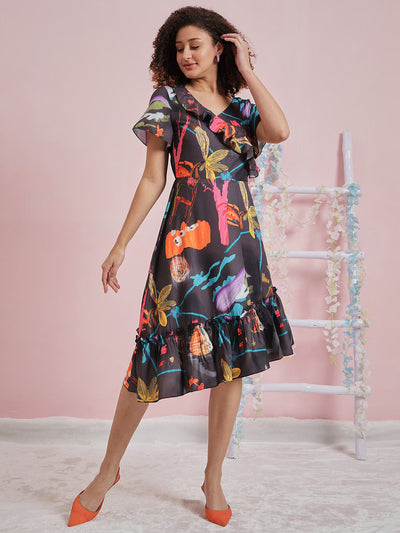 Athena Floral Printed Flutter Sleeve Ruffled A-Line Midi Dress