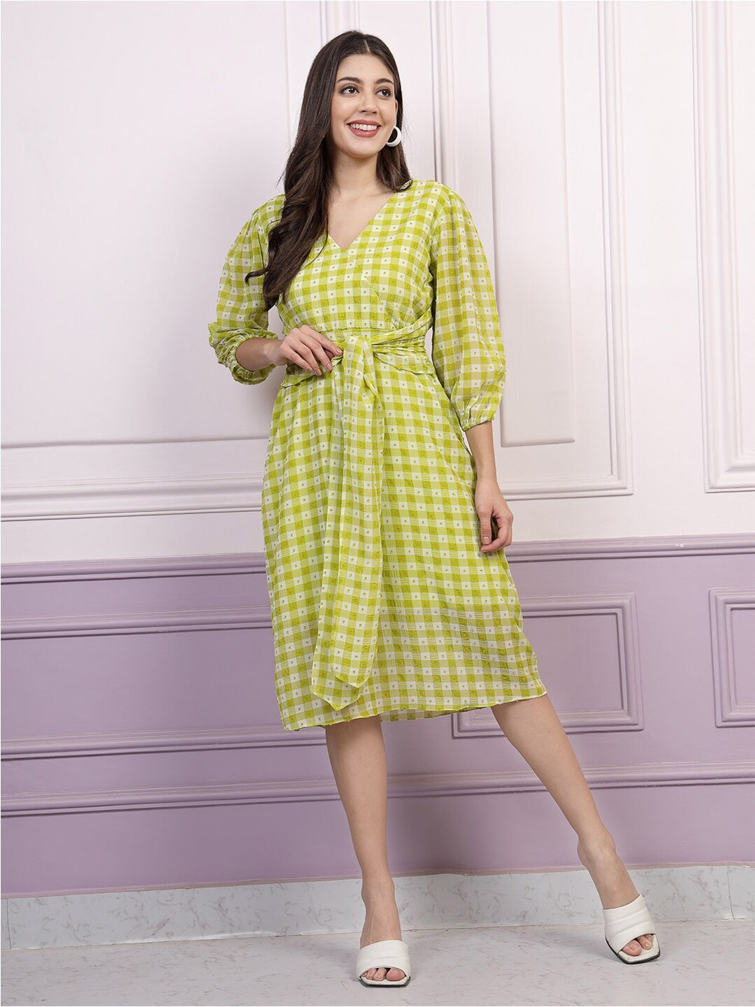 Athena Checked Georgette A-Line Tie Up Dress