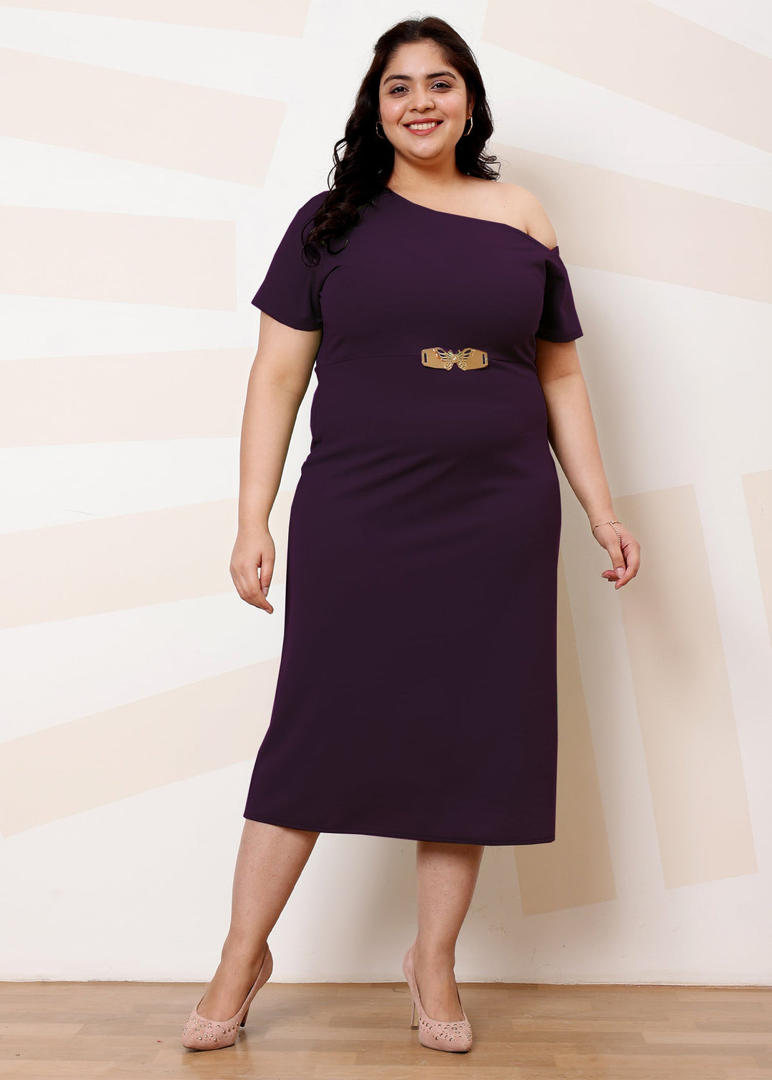 Plus Size Straight Midi Dress With Sleeves Athena Ample Scuba Plus