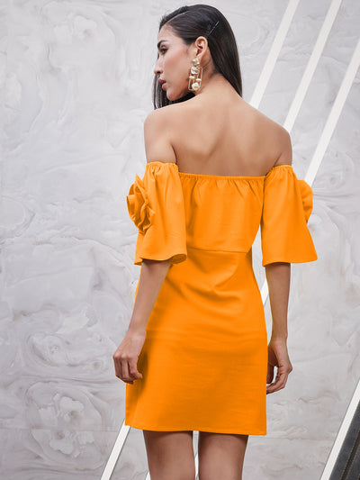 Athena Orange-Coloured Off-Shoulder Flared Sleeves Corsage Detailed Scuba Sheath Dress